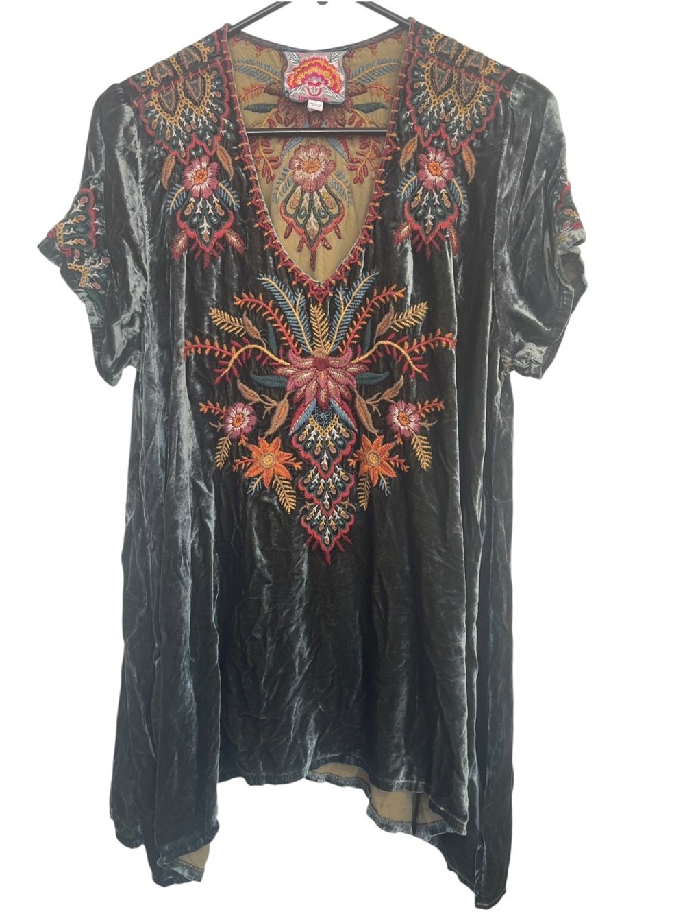 Johnny Was L Embroidered Velvet Silk Blend Tunic Boho Floral Handkerchief